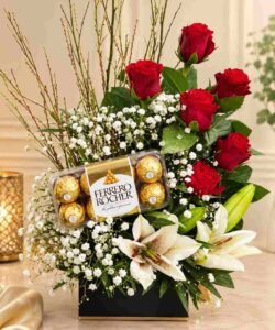 Ferrero gift Lahore with red roses, white lilies, and Ferrero Rocher chocolates