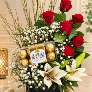 Ferrero gift Lahore with red roses, white lilies, and Ferrero Rocher chocolates