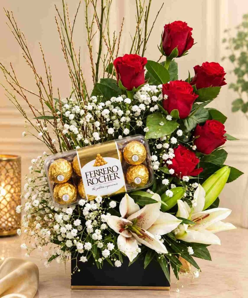 Ferrero gift Lahore with red roses, white lilies, and Ferrero Rocher chocolates