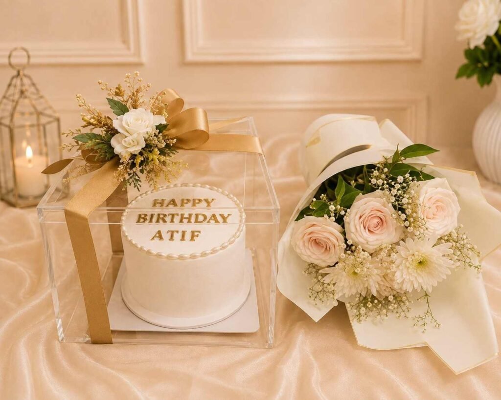 Birthday Gift Delivery Lahore with flower bouquet and personalized cake