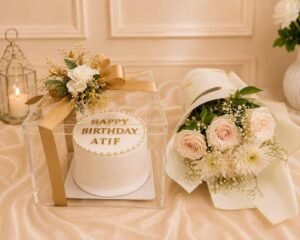 Birthday Gift Delivery Lahore with flower bouquet and personalized cake