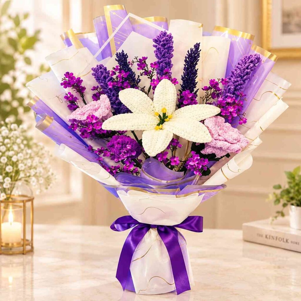 Same day flowers Lahore featuring a graceful lavender bouquet with a white lily