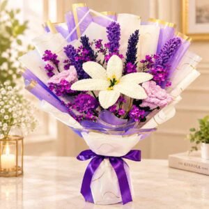 Same day flowers Lahore featuring a graceful lavender bouquet with a white lily