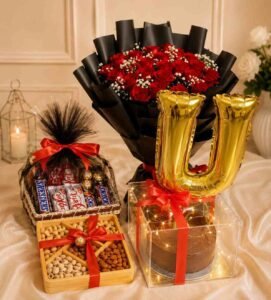 Luxury Gift Hamper Lahore with red roses, cake, chocolates, and dry fruits