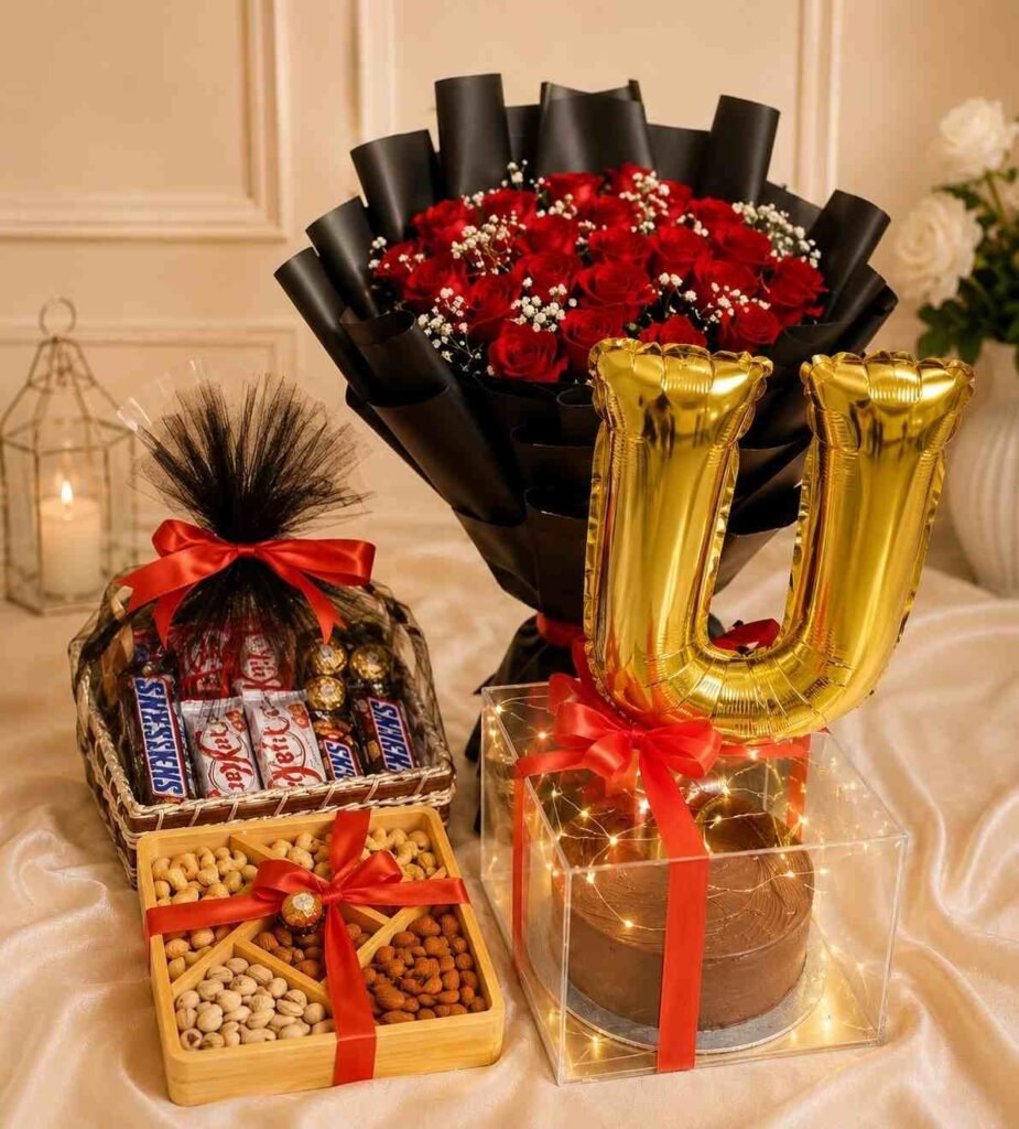 Luxury Gift Hamper Lahore with red roses, cake, chocolates, and dry fruits