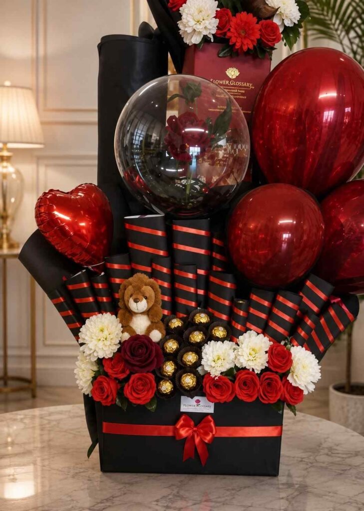 Luxury gift hamper Lahore with red roses, chocolates, balloons, and teddy bear