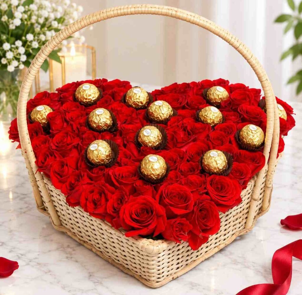 Red Rose Gift Basket Lahore with chocolates