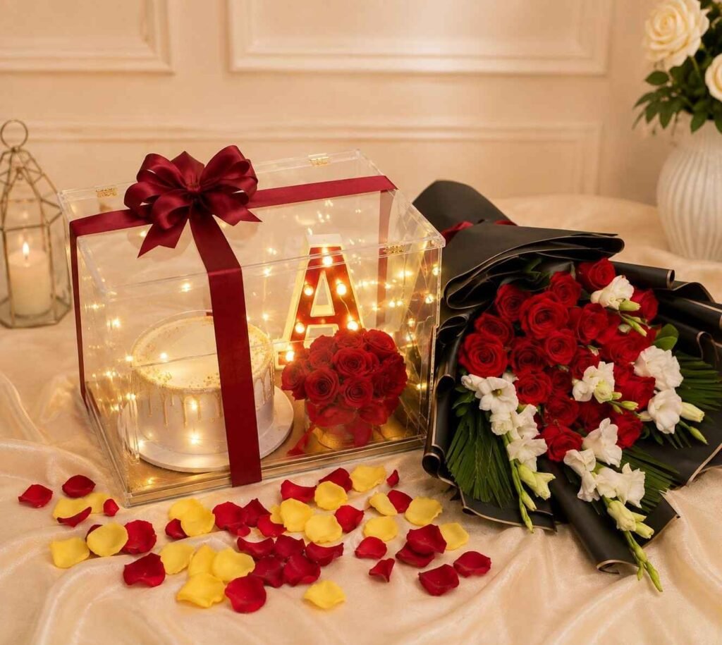 Rose Cake Combo Lahore with red roses, cake, and glowing initial